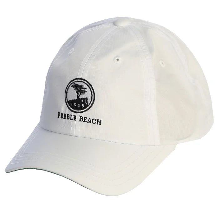 White cap with Pebble Beach logo on a white background