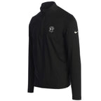 Black half zip long-sleeve shirt with a Nike logo on the sleeve and pebble beach logo on the chest on a white background