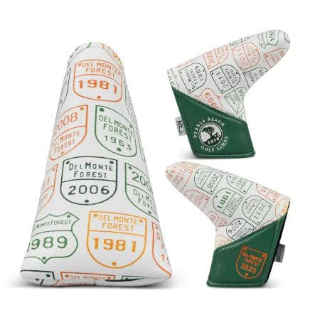Green and white blade golf putter head cover with vintage design with a pebble beach golf links logo on a white background