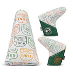 Green and white blade golf putter head cover with vintage design with a pebble beach golf links logo on a white background