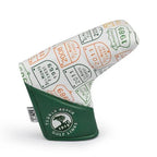 Green and white blade golf putter head cover with vintage design and a pebble beach golf links logo on a white background