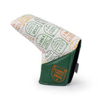 Green and white blade golf putter head cover with vintage design on a white background