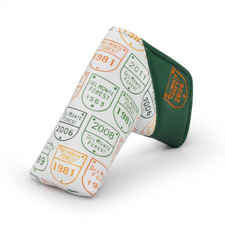 Green and white golf blade putter head cover with vintage design on a white background