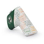 Green and white blade golf putter head cover with vintage design on a white background