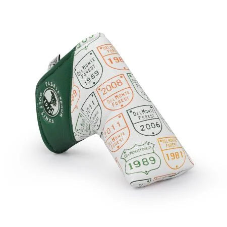 Green and white blade golf putter head cover with vintage design on a white background