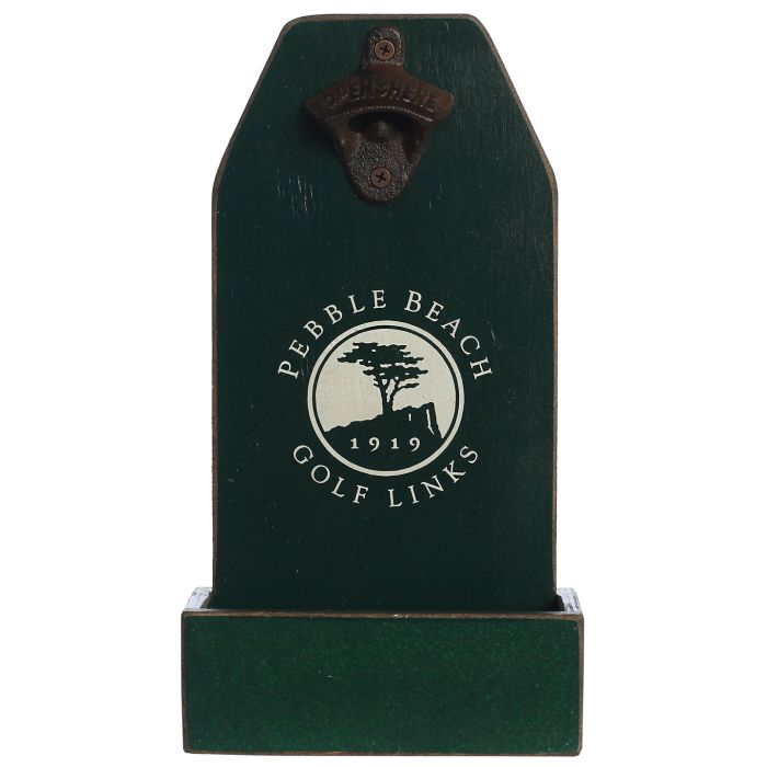 Green wooden bottle opener with 'Pebble Beach Golf Links' logo on a white background