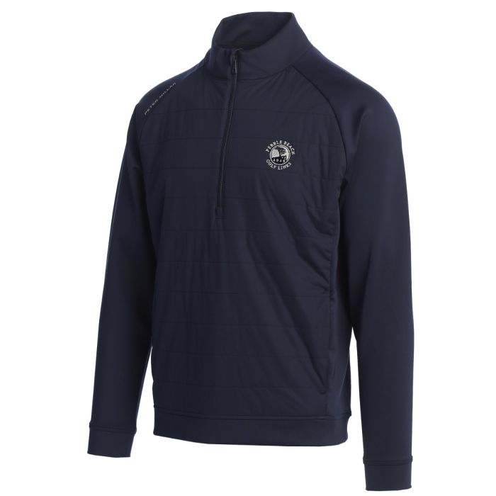 Navy blue half zip pullover with a pebble beach golf links logo on a white background