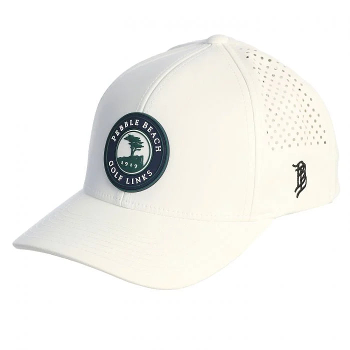 White golf hat with a pebble beach logo on a white background