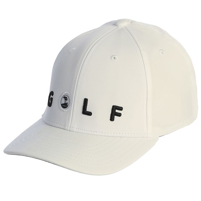 White cap with black text 'GOLF' and a small pebble beach logo on a white background