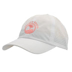White cap with pink pebble beach logo on a white background