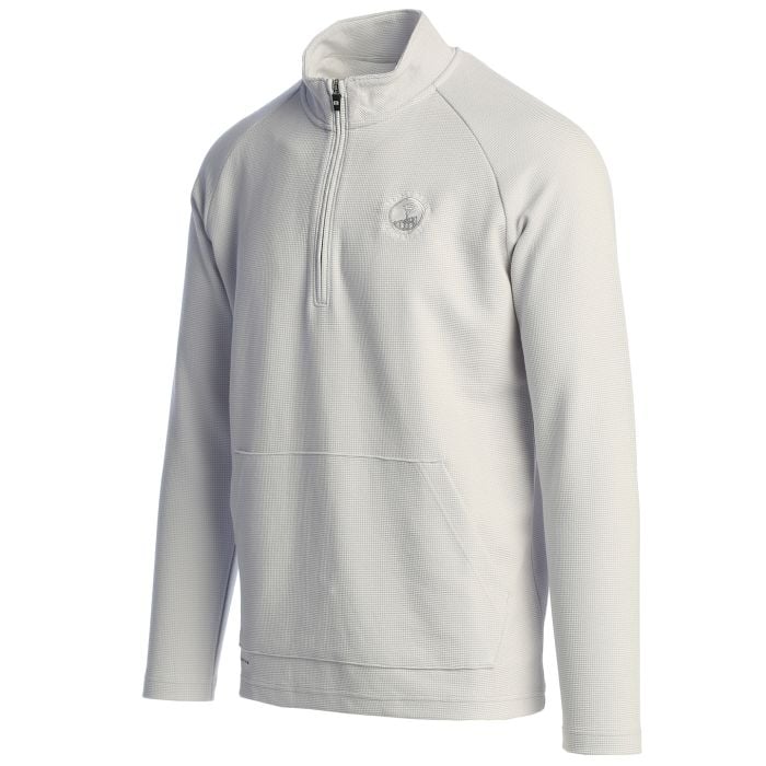 Light gray half-zip pullover with a Pebble Beach logo on a white background