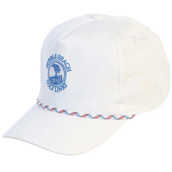 White cap with blue pebble beach logo and red, white, and blue rope on a white background