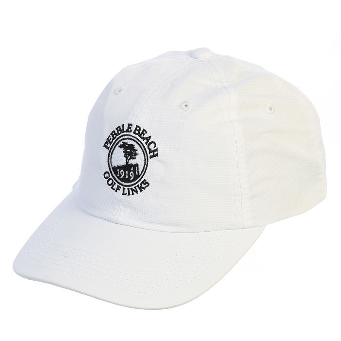 White cap with black pebble beach logo on a white background