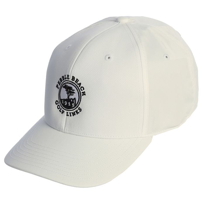 White cap with a black pebble beach golf links logo on a white background