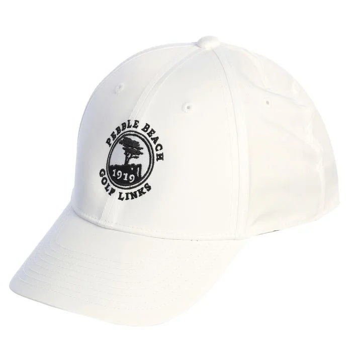 White cap with black pebble beach golf links logo on a white background