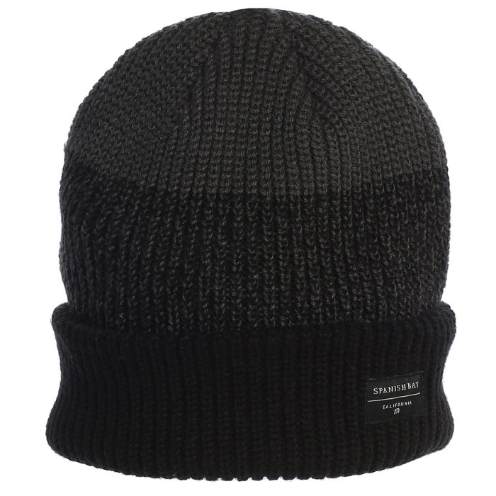 Black and grey knit beanie with a spanish bay label on a white background