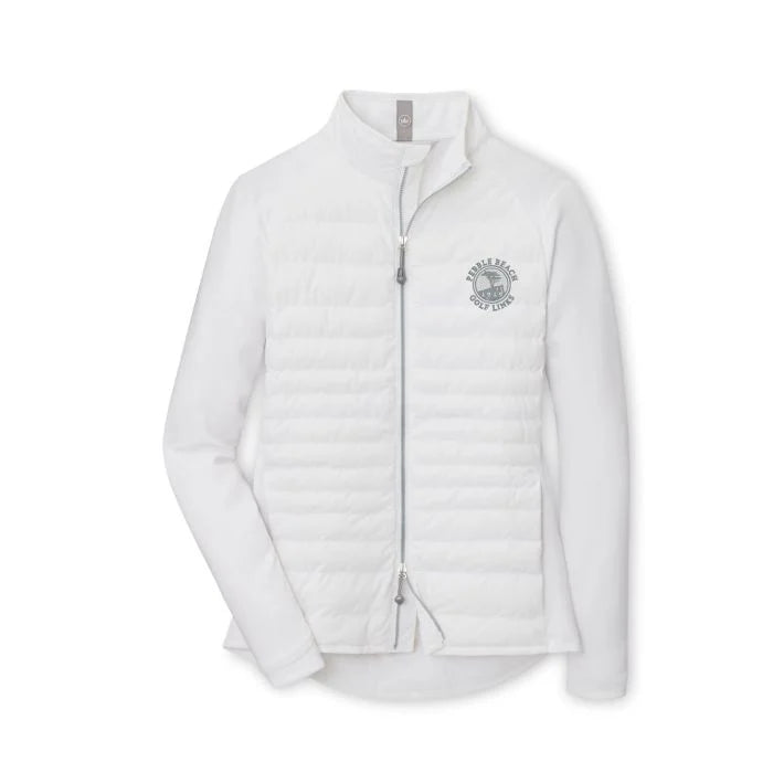 White puffer jacket with a grey pebble beach logo on a white background