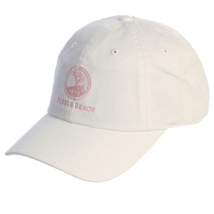 White cap with pink pebble beach logo on a white background