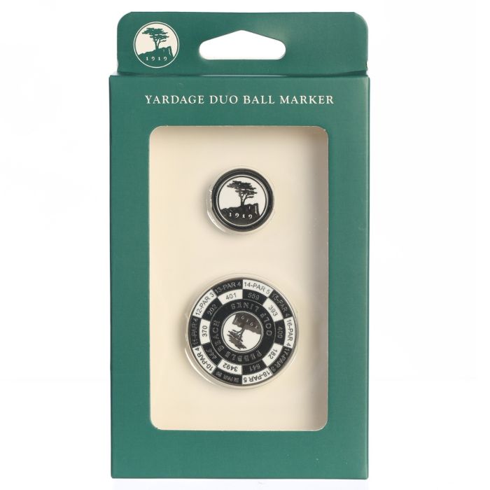 Black and white Pebble Beach golf links Yardage Duo Ball Marker in packaging with two markers inside on a white background