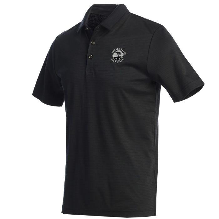 Black polo shirt with a Pebble Beach logo on chest on a white background